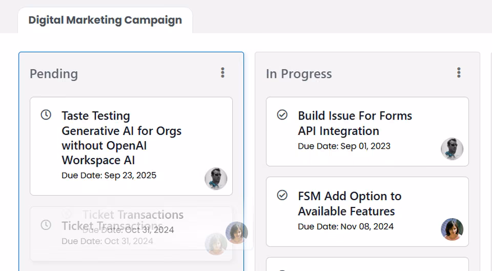 Performance Scoring task Kanban with cards moving across status columns.