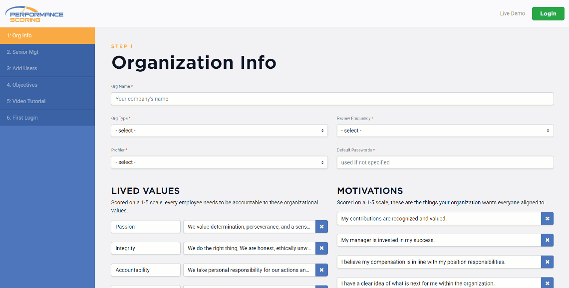 Initial Setup after purchase of Performance Scoring