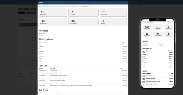 Performance Scoring meeting recap shown on desktop and mobile screens.
