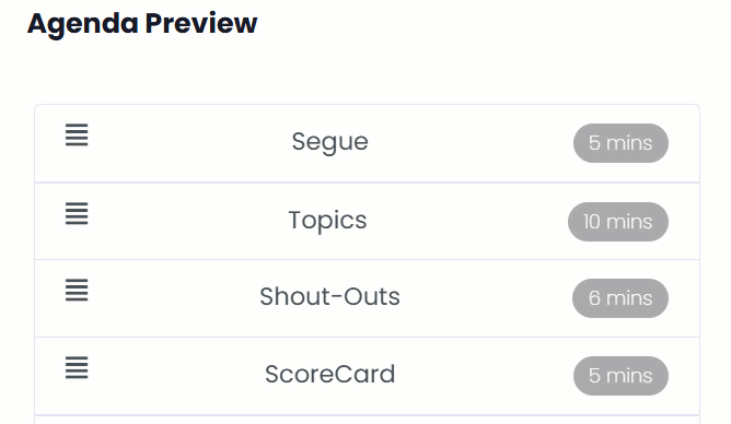 Meeting Agenda Preview showing live add/remove of items and timing