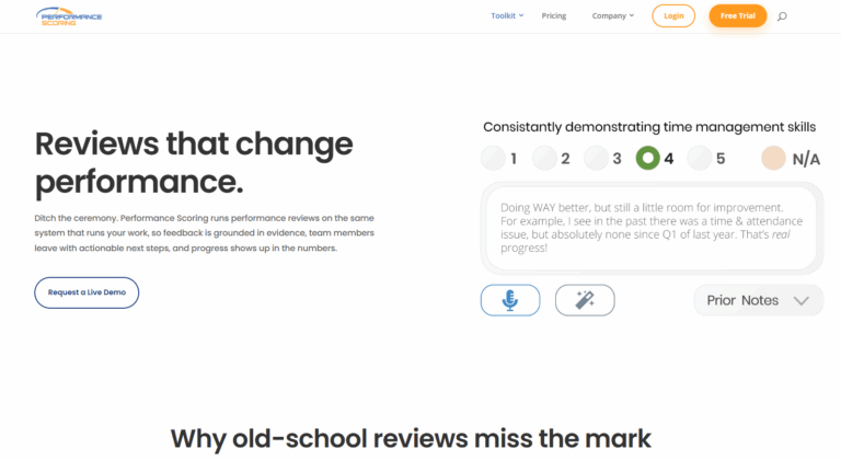 Performance Scoring review features and review timeline.