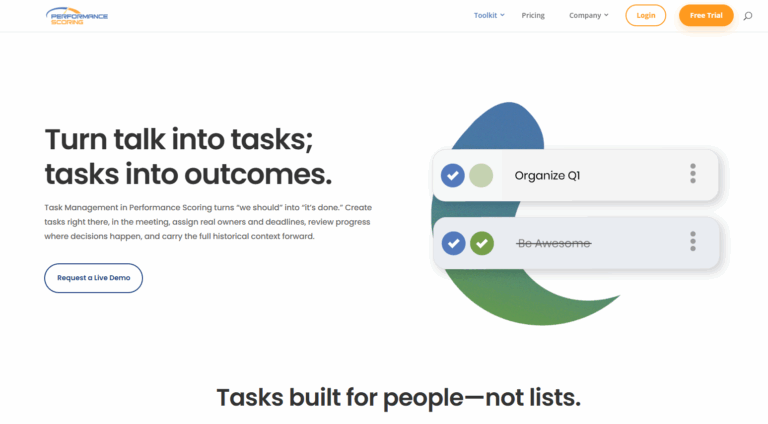 Performance Scoring task management interface showing assigned tasks, completion checkmarks, and meeting-driven task updates.