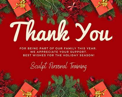 Holiday thank you graphic with red background, gift boxes, greenery, and message expressing appreciation for support during the year.