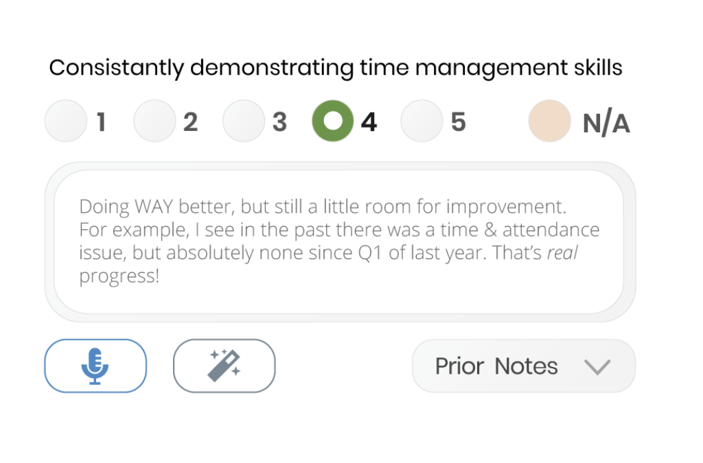 Performance Scoring review screen showing real-time rating for time management skills with manager feedback notes.