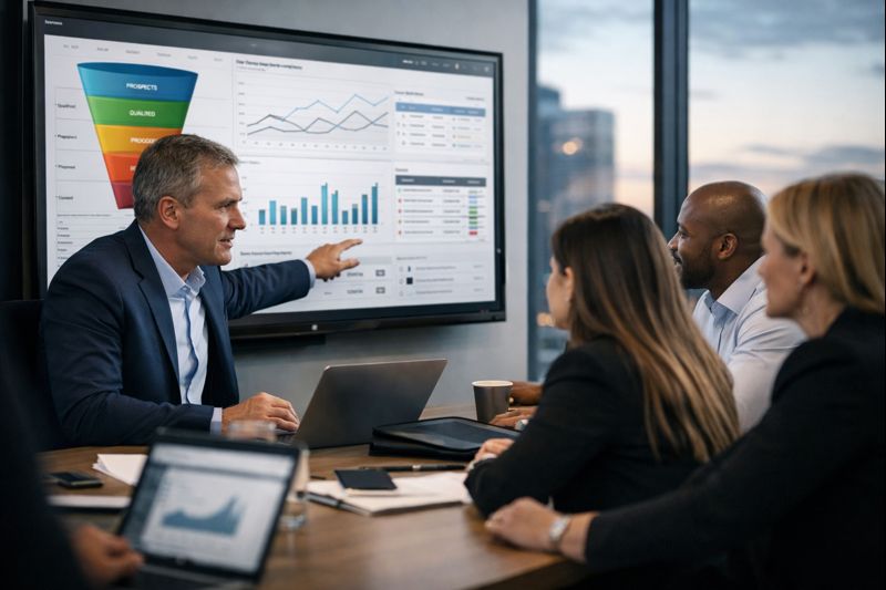 Executive team reviewing CRM data and performance metrics during a leadership meeting