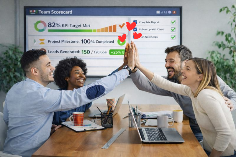 Team members high-fiving during a meeting while reviewing a live team scorecard with KPIs and project milestones displayed on a screen.