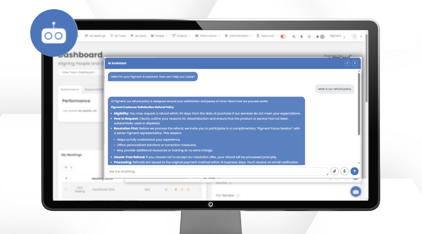 AI Assistant chat window inside Performance Scoring showing chatbot responding to a company policy question