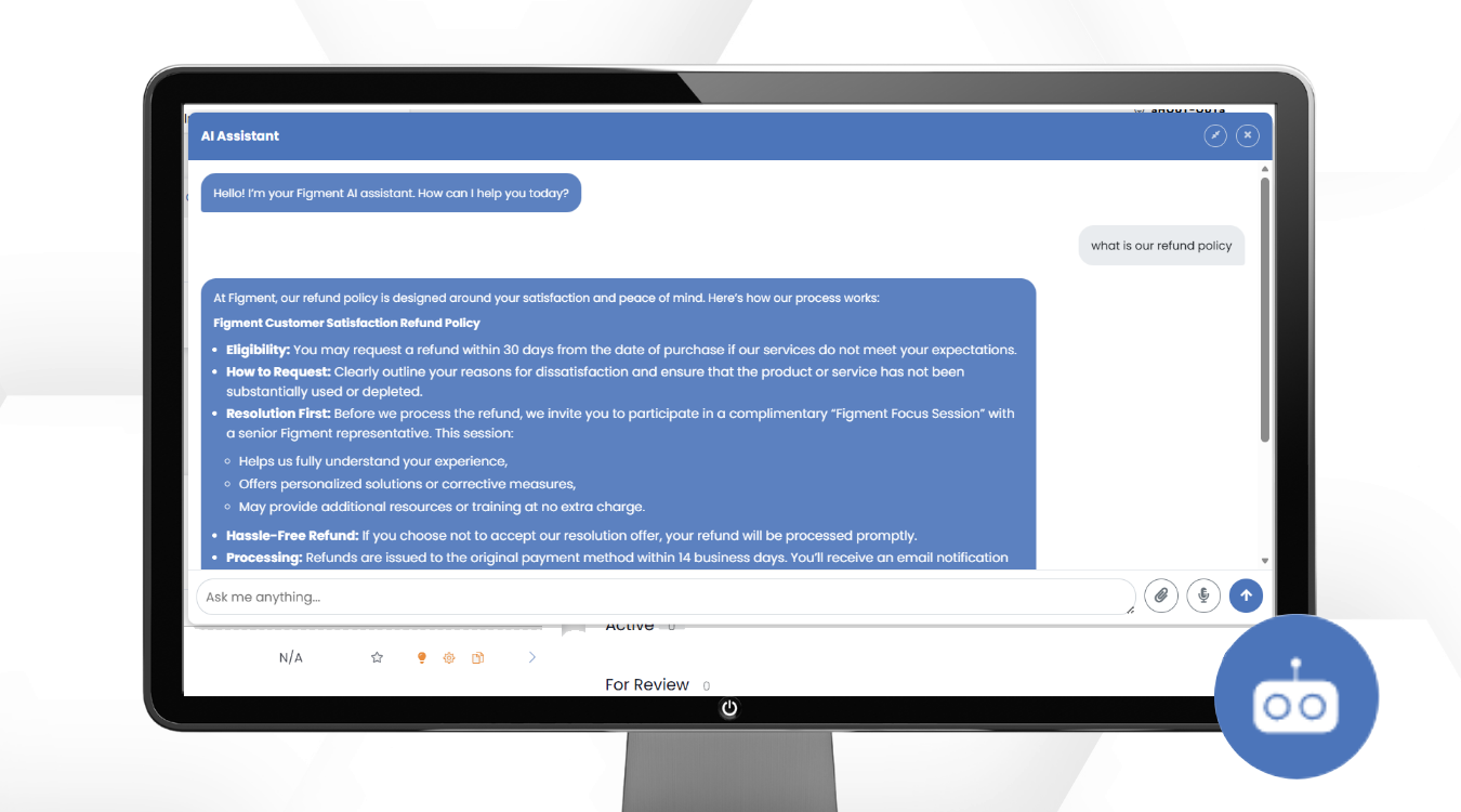 AI Assistant chat window inside Performance Scoring showing chatbot responding to a company policy question