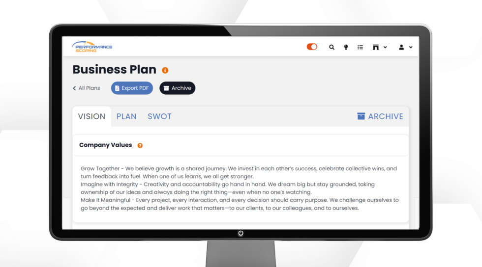 Performance Scoring Business Plan screen showing Vision, Plan, and SWOT sections