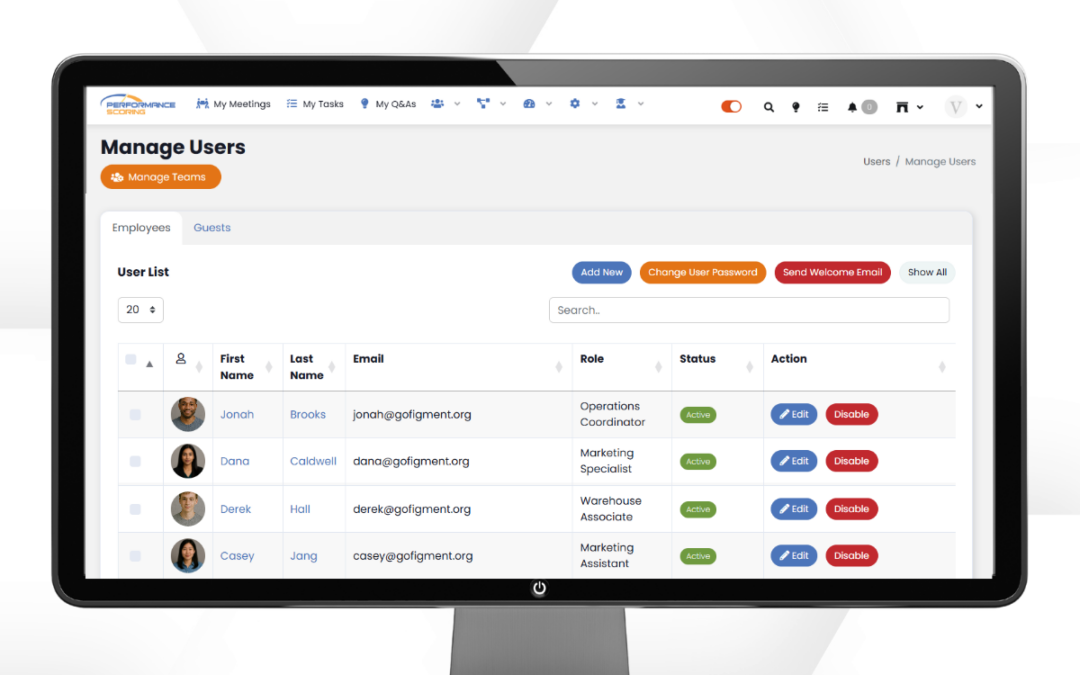 Manage Users page in Performance Scoring showing user list, roles, status, and edit options