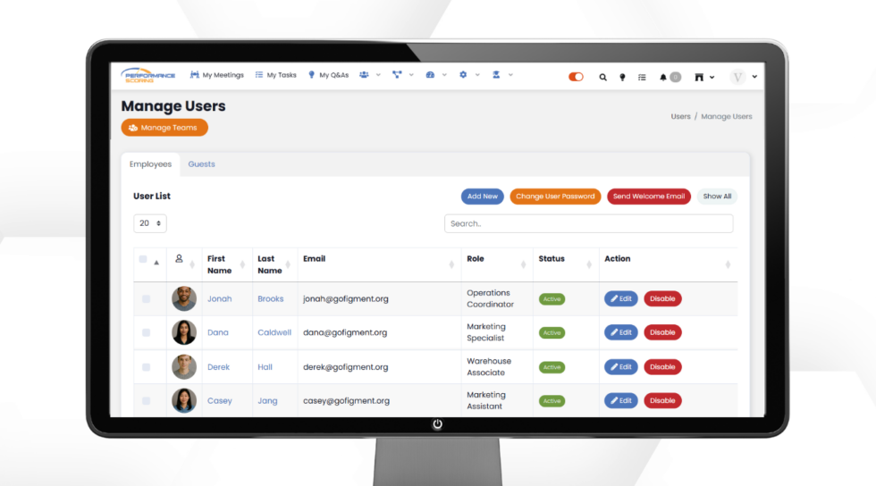 Manage Users page in Performance Scoring showing user list, roles, status, and edit options