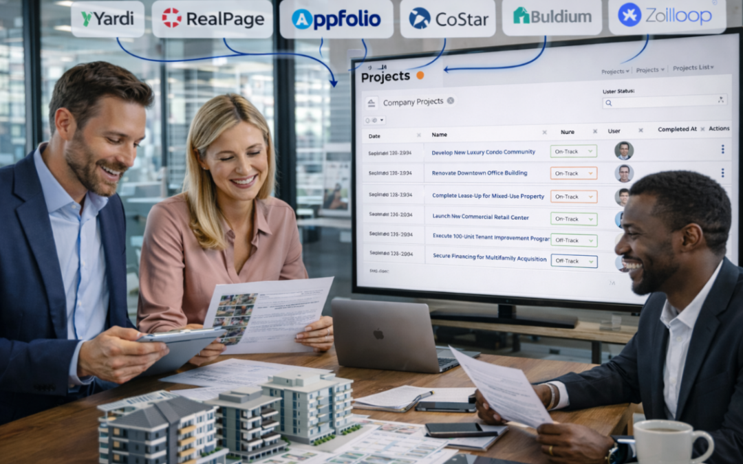 Real estate leadership team reviewing property portfolio and performance metrics in a meeting