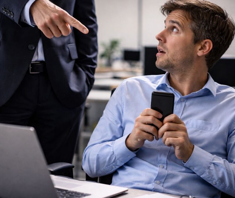 Manager confronting an employee about inappropriate phone use during work hours in an office setting