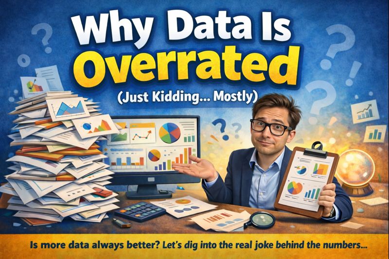 A business professional surrounded by charts and reports shrugs while holding a clipboard of data, illustrating the overwhelm of too many metrics.