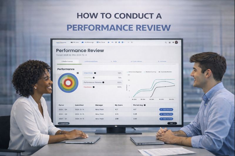 Manager and employee having a one-on-one performance review using Performance Scoring data