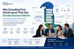 Consulting firm leadership team reviewing business dashboards and operational accountability metrics on a branded business platform