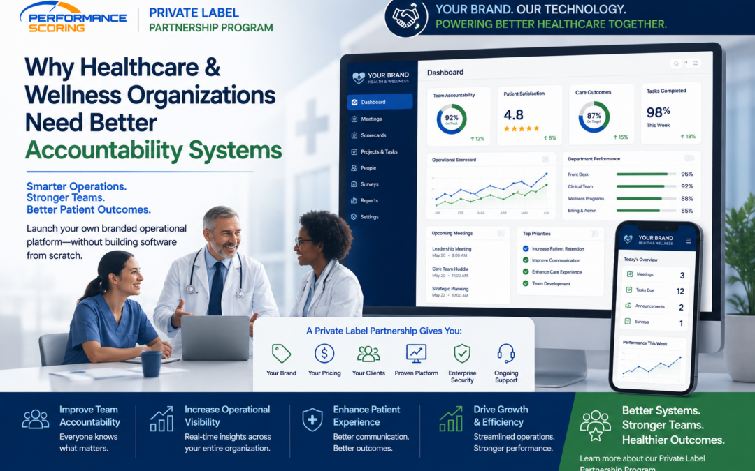 Healthcare and wellness leadership team reviewing operational dashboards and accountability metrics on a branded business platform