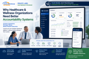 Healthcare and wellness leadership team reviewing operational dashboards and accountability metrics on a branded business platform