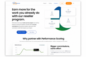 Performance Scoring reseller partnership page showing recurring commissions, partner benefits, and business growth tools.