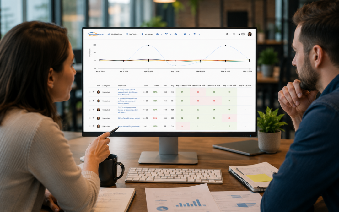 Two business professionals comparing business performance metrics and dashboards on a desktop monitor during the Performance Scoring 30-Day Business Challenge.