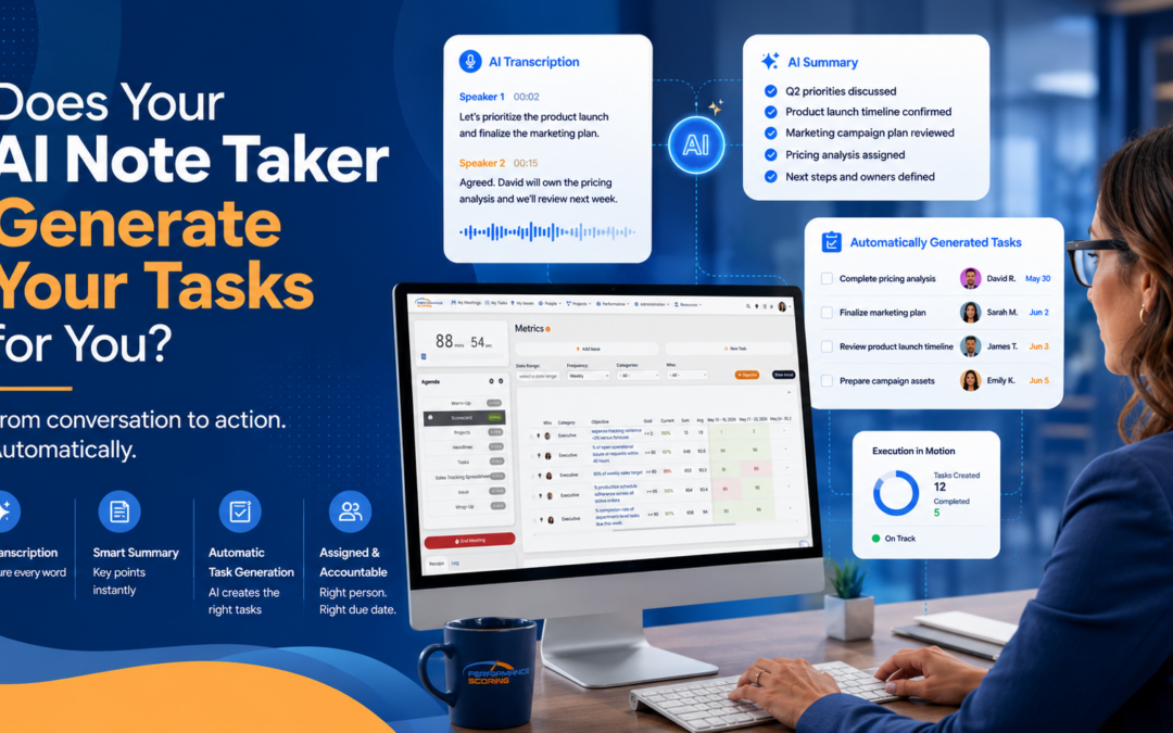 Business professional using Performance Scoring AI meeting software with automatic task generation, AI transcription, meeting summaries, and performance metrics dashboard.