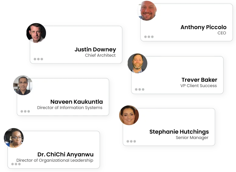 Performance Scoring leadership team including Anthony Piccolo, Justin Downey, Trevor Baker, Naveen Kaukuntla, Dr. ChiChi Anyanwu, and Stephanie Hutchings