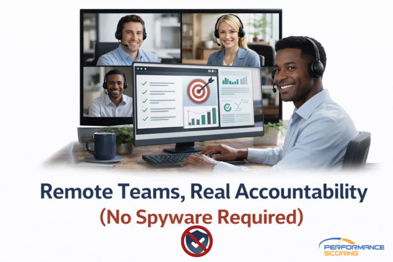 Remote team members collaborating in a video meeting with shared performance dashboards, emphasizing accountability through transparency rather than spyware or employee surveillance.