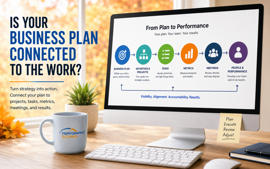 Performance Scoring connects your Business Plan to Projects, Tasks, Metrics, Meetings, and people performance.
