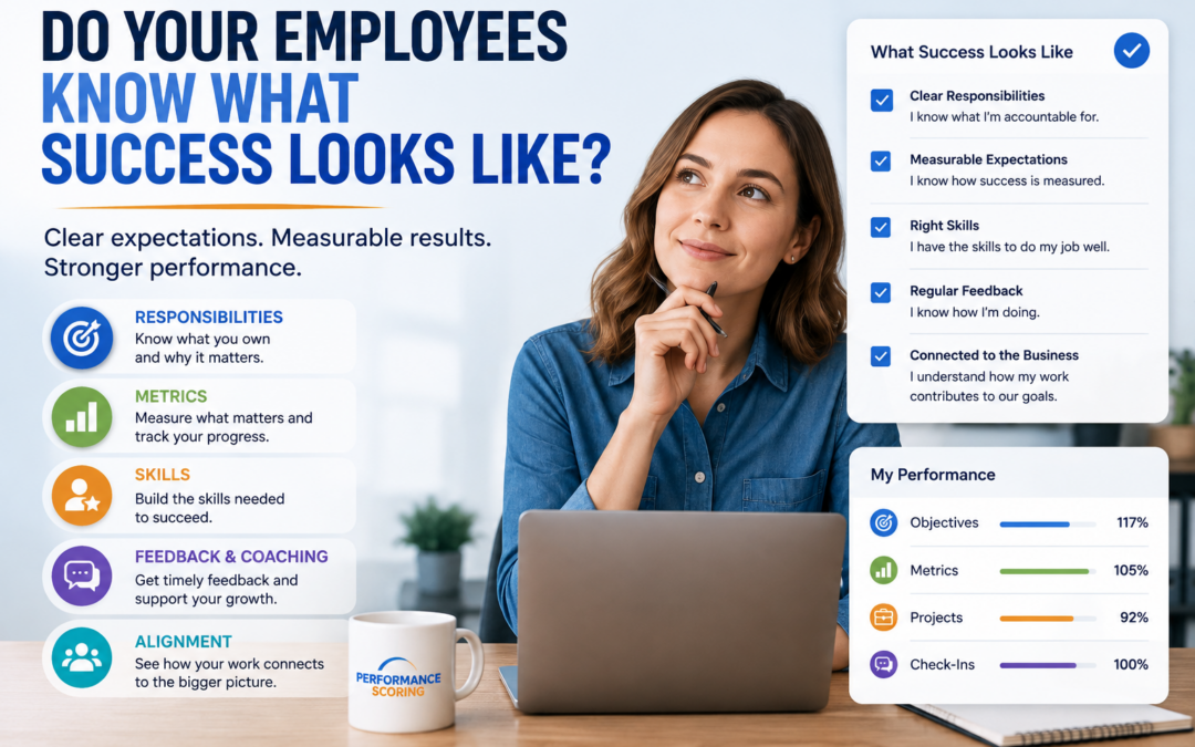Employee performance clarity showing responsibilities, Metrics, skills, feedback, coaching, alignment, and measurable expectations for success.