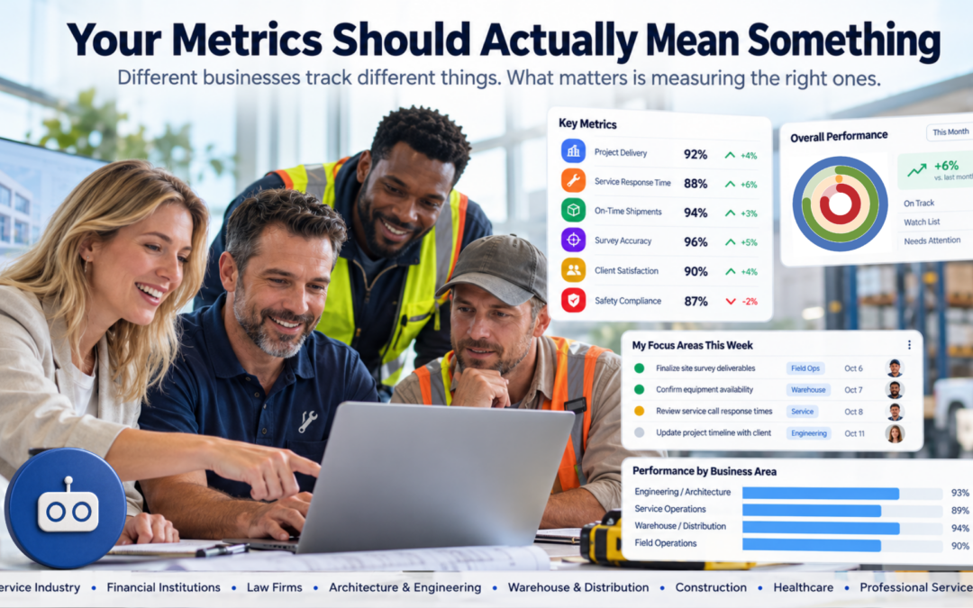 Business leaders reviewing performance metrics that matter across project delivery, service response, shipping, safety, and client satisfaction.