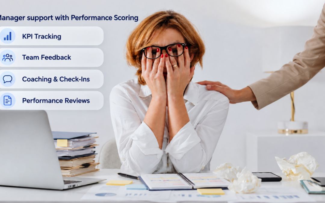 Colleague comforting an overwhelmed manager at her desk beside labels for KPI tracking, team feedback, coaching, check-ins, and performance reviews.